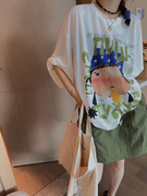 欧洲站2024夏季韩版百搭卡通萌丑小女孩绿色字母印花面膜衣T恤潮