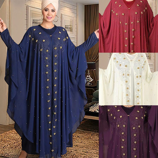 非洲民族风大码阿拉伯女装时尚，女式雪纺烫钻连衣裙，度假宽松蝙蝠袖