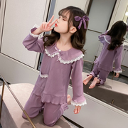女童纯棉睡衣2022春秋长袖宽松圆领紫色小学生儿童家居服套装