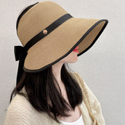 日本优雅UV大檐半空顶草帽夏季出游度假遮阳可折叠蝴蝶结帽子女