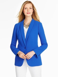 TBS家外贸加大码西装女青果领显白宝蓝色纯色一粒扣双嵌线袋外套