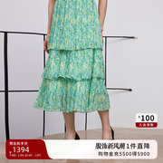 莱茵商场同款23年夏季叶绿色佩斯利手绘印花百褶半身裙中长款