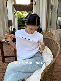 韩国HU MSMR春夏垫肩字母印花慵懒风休闲圆领短袖上衣女T恤