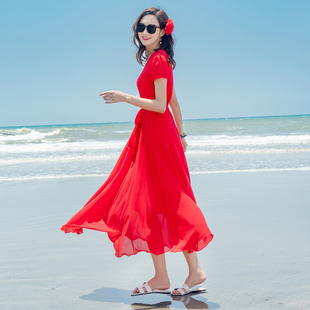夏季雪纺连衣裙海边度假海南三亚裙显瘦时尚，气质红色短袖沙滩长裙