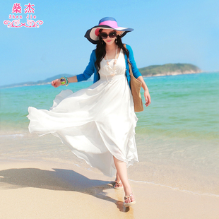 沙滩裙2023海边度假雪纺夏季泰国女装白色，波西米亚长裙连衣裙