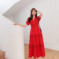 红色短袖连衣裙夏季盘花显瘦气质，海南三亚拍照长裙，海边度假沙滩裙