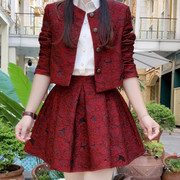 提花蓬蓬裙女春秋韩版显瘦气质半身裙轻奢高腰，红色小香风套装