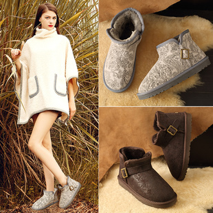 qnzy雪地靴女低筒短靴，平跟搭扣真牛皮，防滑牛筋底保暖休闲冬靴