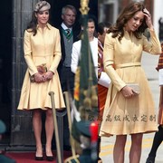 高级定制凯特王妃同款浅黄色，羊毛西装连衣裙外套，女修身大摆高腰冬