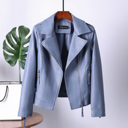 韩国短款蓝色皮衣外套，女2023春秋，小个子时尚百搭气质皮夹克潮
