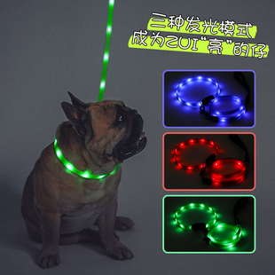 狗狗牵引绳夏季LED发光牵引绳项圈套装小型犬狗链USB充电