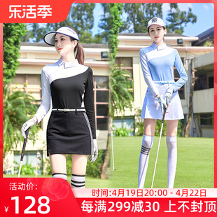 高尔夫球女士长袖防晒速干衣，t恤蓝黑色，高领翻领运动上衣服装