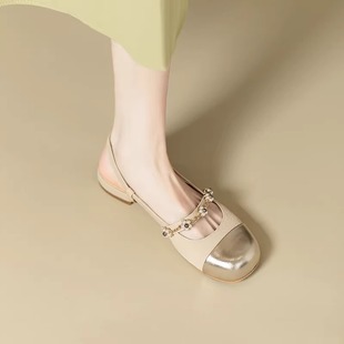 法式小香风珍珠花朵低跟凉鞋女2024夏季拼色包头后空玛丽珍鞋