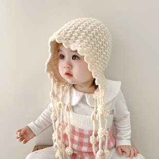 女童帽子秋冬款韩版洋气流苏手工针织帽冬天女宝宝保暖护耳毛线帽