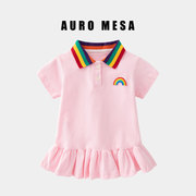AuroMesa女童甜美彩虹翻领连衣裙婴儿夏季粉色套头短袖运动休闲裙