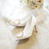 婚鞋女高跟水钻白色婚纱鞋香槟色，礼服伴娘鞋中跟孕妇粗跟结婚鞋子