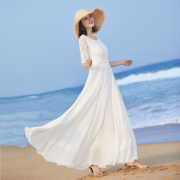 2024女气质长裙大摆长款连衣裙夏修身白色裙子蕾丝拼接沙滩裙