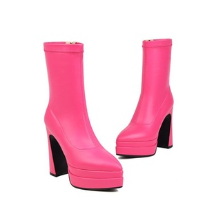 皮靴防水台粗跟高跟短靴，女中筒米白色粉色，桃红色靴子大码小码yll
