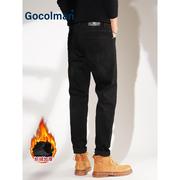 GoColman美式修身纯黑色加绒加厚牛仔裤男秋冬款潮流小直筒长裤子