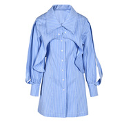 eam解构蓝色条纹，衬衫裙设计感小众长袖连衣裙两件套女秋装