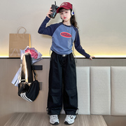 女童春秋抽绳拼色长袖工装裤套装2023韩版T恤时髦裤子两件套8