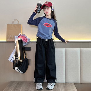 女童春秋抽绳拼色长袖工装裤套装，2023韩版t恤时髦裤子两件套8