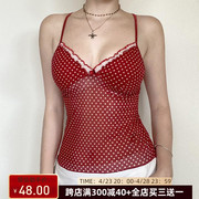 FabGirls 复古红小波点网纱胸型吊带背心 小众百搭显瘦外穿短上衣
