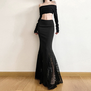 gagaopt自制蕾丝拼接黑色西装，半身裙春季高腰，显瘦包臀鱼尾裙