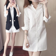 批发春季女装韩版修身学生打底长袖，衬衣v领纯色中长款白衬衫