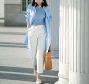 中长款ins衬衫外套，女韩版蓝色外搭2024年春季女纯棉披肩防晒