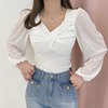韩国chic春季减龄气质胸部，扭褶抽褶搭配雪纺长袖，女生打底v领衬衫