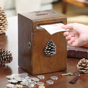 新年实木存钱罐创意生日礼物不可取带锁储蓄罐男孩女孩储钱罐大号