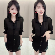 黑色韩版时尚洋气雪纺衬衫，女2024春季显瘦遮肉百搭高级感衬衣