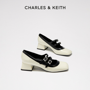 CHARLES&KEITH春夏女鞋CK1-61720159复古一字扣粗跟玛丽珍鞋女
