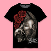 抽象玫瑰与美女骷髅头欧美风复古港风潮牌男士青年夏季短袖T恤衫