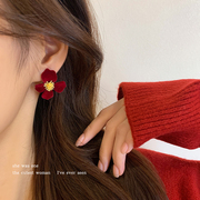 复古红色花朵耳环女2024耳钉小众设计感高级耳夹独特耳饰