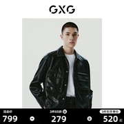 gxg男装黑色口袋设计简约时尚翻领皮衣夹克外套23年冬季