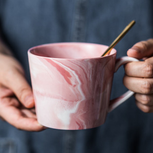 大理石纹陶瓷杯子创意，马克杯带盖勺燕麦早餐牛奶，咖啡情侣水杯
