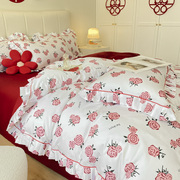 公主风可爱玫瑰花结婚床单，四件套大红色被套喜被新婚庆(新婚庆)床上用品
