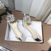 银色水晶高跟鞋女2023年夏时尚尖头细跟鞋水钻透明浅口单鞋