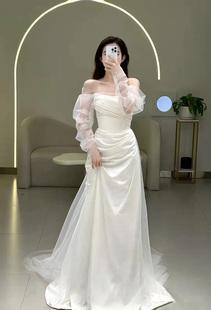 梵娜仙衣法式缎面长袖婚纱2024鱼尾，新娘小个子简约出门纱礼服