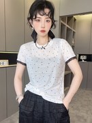 RR fashion 短袖T恤女2024夏季波点拼接蕾丝蝴蝶结圆领上衣
