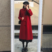 红色大衣女秋冬季高级感2023赫本风小个子中长款毛呢外套