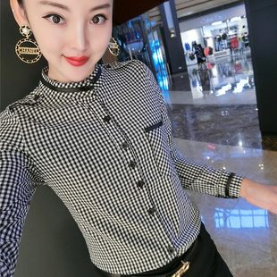 长袖衬衫女2024春季韩版修身显瘦格子时尚立领，衬衣打底衫上衣