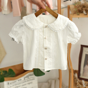 女童衬衫短袖纯棉夏季婴儿甜美韩系上衣，洋气时髦半袖女宝宝白衬衣(白衬衣)