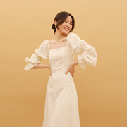TANSSHOP 法式大方领 藕节长袖大摆裙春夏薄款连衣裙