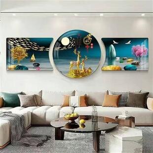 新中式客厅装饰画轻奢沙发背景，高档画壁画现代钢化水晶山水画