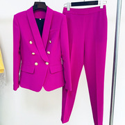 欧美2021职业工装狮子双排扣青果领西装紫色九分裤OL通勤套装