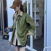 港风高级感炸街绿色皮衣，外套女秋装搭配宽松条纹衬衫两件套上衣