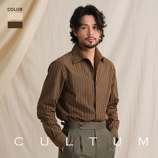 纯棉泡泡纱CULTUM意式一片领条纹衬衫男长袖休闲复古轻薄衬衣